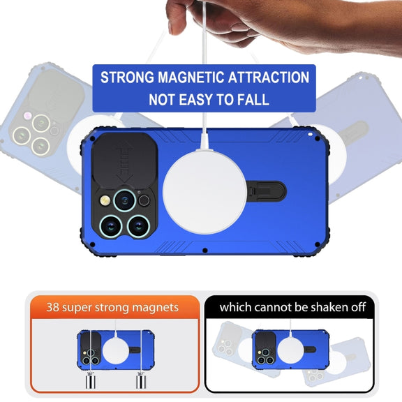 For iPhone 15 Pro Max Camera Shield MagSafe Holder Life Water-resistant Phone Case(Blue)