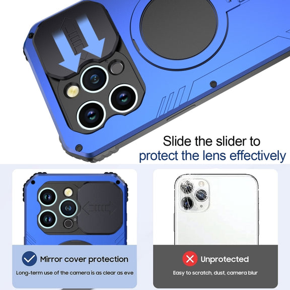 For iPhone 15 Pro Max Camera Shield MagSafe Holder Life Water-resistant Phone Case(Blue)