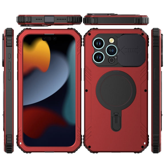 For iPhone 15 Camera Shield MagSafe Holder Life Water-resistant Phone Case(Red)