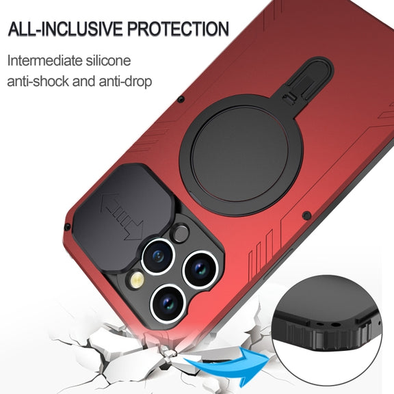 For iPhone 15 Camera Shield MagSafe Holder Life Water-resistant Phone Case(Red)