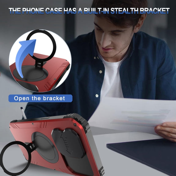 For iPhone 15 Camera Shield MagSafe Holder Life Water-resistant Phone Case(Red)