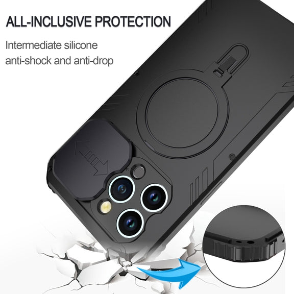 For iPhone 15 Camera Shield MagSafe Holder Life Water-resistant Phone Case(Black)