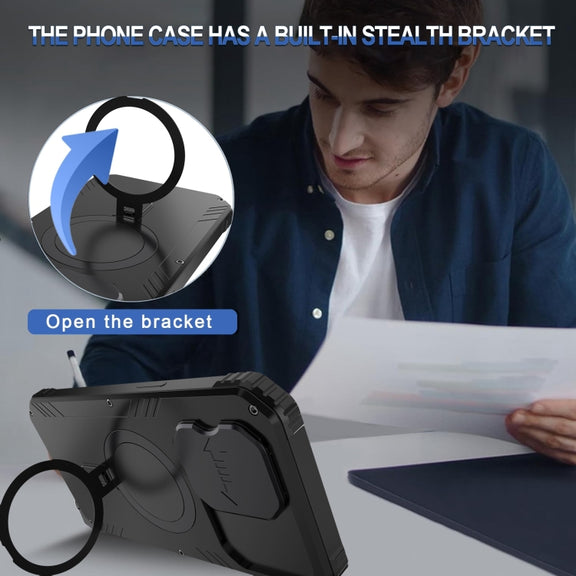 For iPhone 15 Camera Shield MagSafe Holder Life Water-resistant Phone Case(Black)