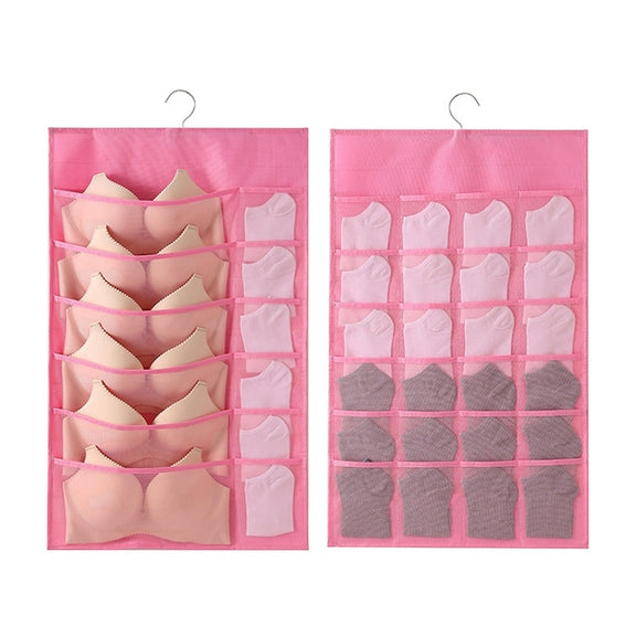 12+24 Grids Underwear Storage Bag Non-woven Double-sided Hanging Storage Bag(Pink)