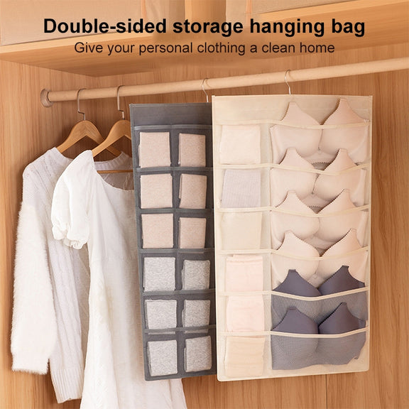 5+10 Grids Underwear Storage Bag Non-woven Double-sided Hanging Storage Bag(Pink)