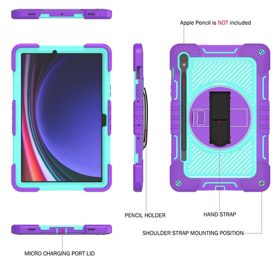 For Samsung Galaxy Tab S9 360 Degree Rotation PC Contrast Silicone Tablet Case(Purple + Mint Green)