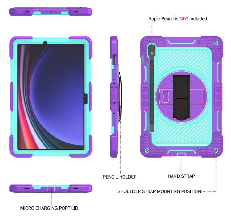 For Samsung Galaxy Tab S9 360 Degree Rotation PC Contrast Silicone Tablet Case(Purple + Mint Green)