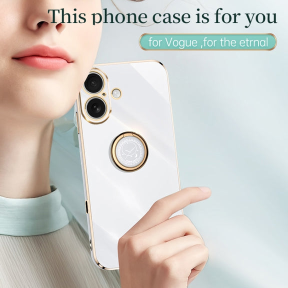 For iPhone 16 XINLI Straight Edge 6D Electroplate TPU Phone Case with Ring Holder(White)