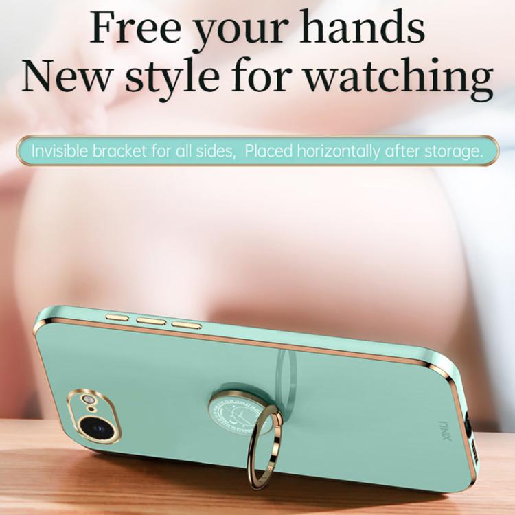 For iPhone 16e XINLI Straight Edge 6D Electroplate TPU Phone Case with Ring Holder(Celestial Blue)
