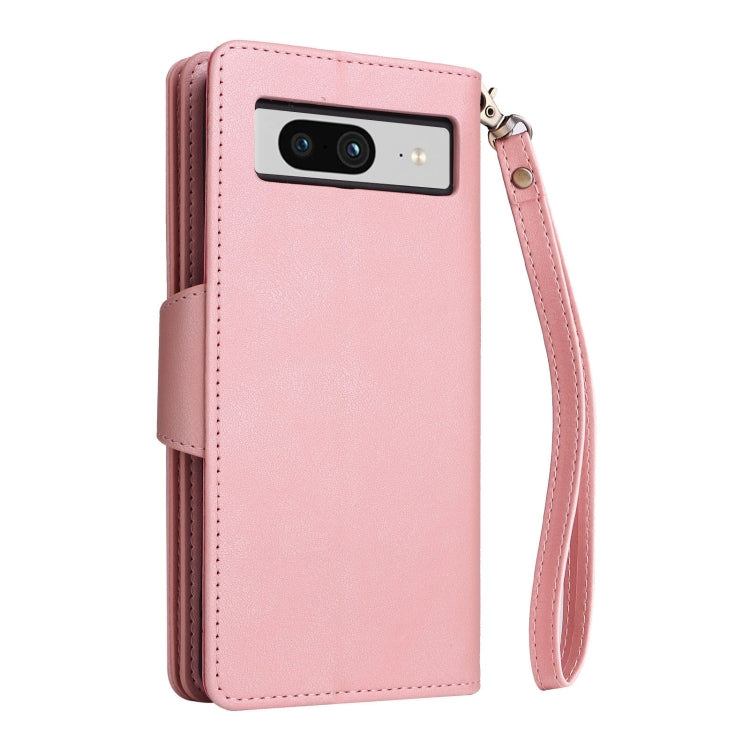 For Google Pixel 8 Rivet Buckle 9 Cards Three Fold Leather Phone Case(Rose Gold)