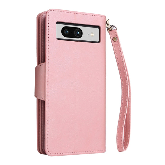 For Google Pixel 8 Rivet Buckle 9 Cards Three Fold Leather Phone Case(Rose Gold)