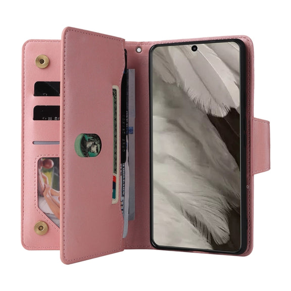 For Google Pixel 8 Rivet Buckle 9 Cards Three Fold Leather Phone Case(Rose Gold)
