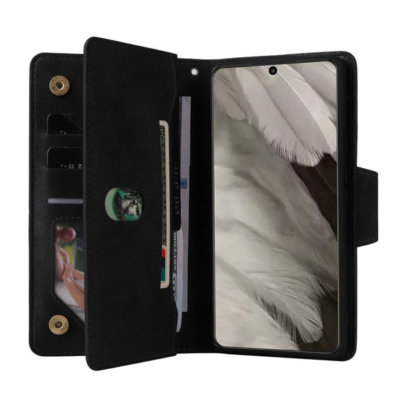 For Google Pixel 8 Rivet Buckle 9 Cards Three Fold Leather Phone Case(Black)