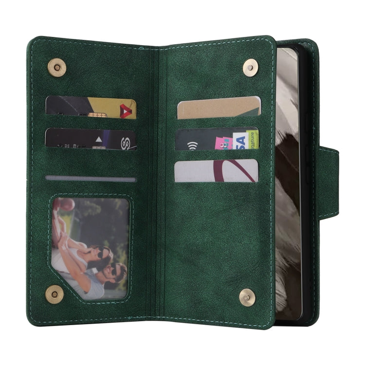 For Google Pixel 8 Rivet Buckle 9 Cards Three Fold Leather Phone Case(Green)