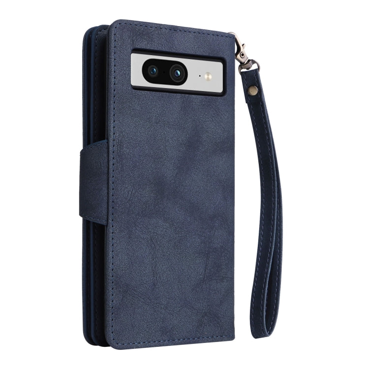 For Google Pixel 8 Rivet Buckle 9 Cards Three Fold Leather Phone Case(Blue)