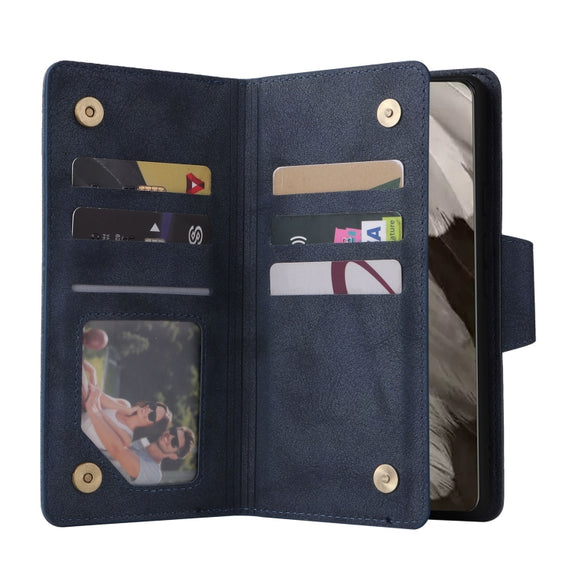 For Google Pixel 8 Rivet Buckle 9 Cards Three Fold Leather Phone Case(Blue)