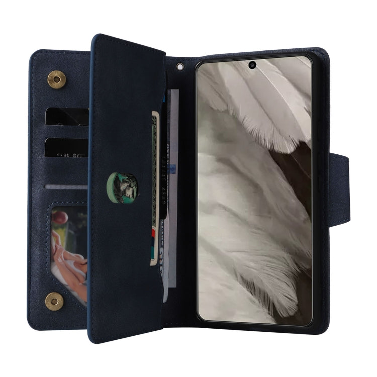 For Google Pixel 8 Rivet Buckle 9 Cards Three Fold Leather Phone Case(Blue)
