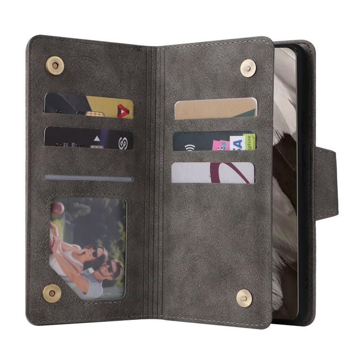 For Google Pixel 8 Rivet Buckle 9 Cards Three Fold Leather Phone Case(Grey)