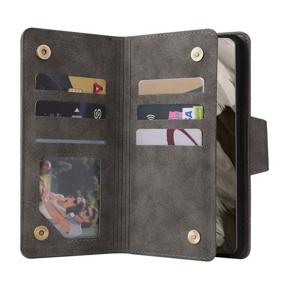 For Google Pixel 8 Rivet Buckle 9 Cards Three Fold Leather Phone Case(Grey)