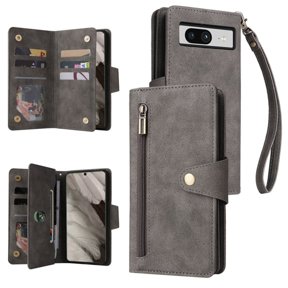For Google Pixel 8 Rivet Buckle 9 Cards Three Fold Leather Phone Case(Grey)