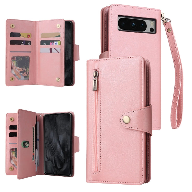 For Google Pixel 8 Pro Rivet Buckle 9 Cards Three Fold Leather Phone Case(Rose Gold)