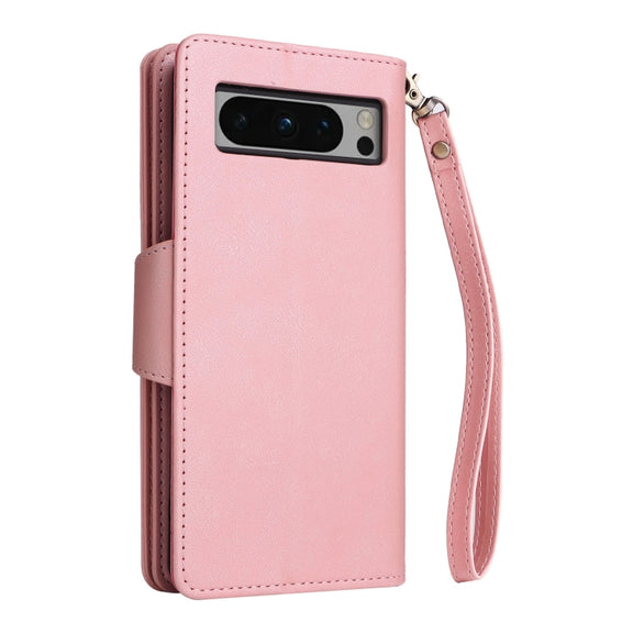 For Google Pixel 8 Pro Rivet Buckle 9 Cards Three Fold Leather Phone Case(Rose Gold)