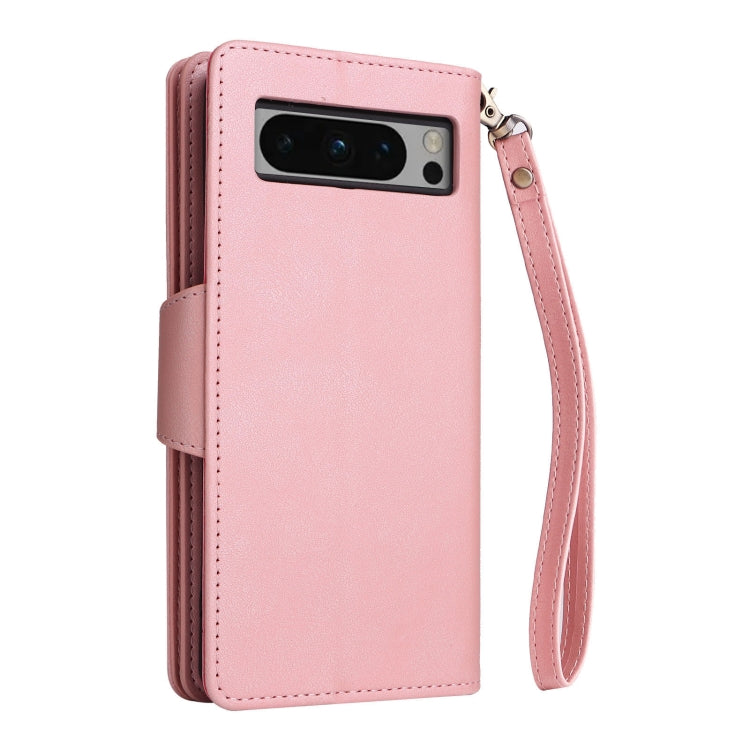 For Google Pixel 8 Pro Rivet Buckle 9 Cards Three Fold Leather Phone Case(Rose Gold)