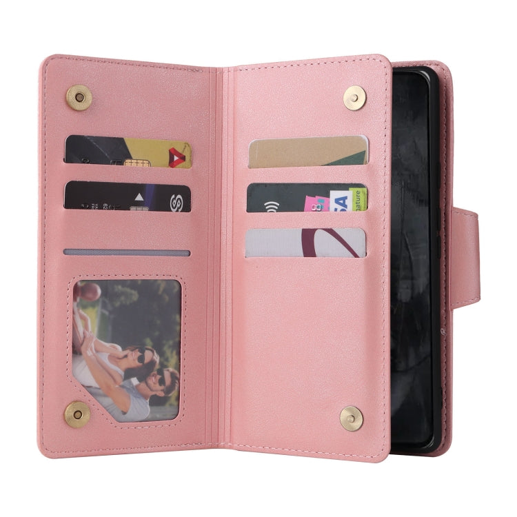 For Google Pixel 8 Pro Rivet Buckle 9 Cards Three Fold Leather Phone Case(Rose Gold)