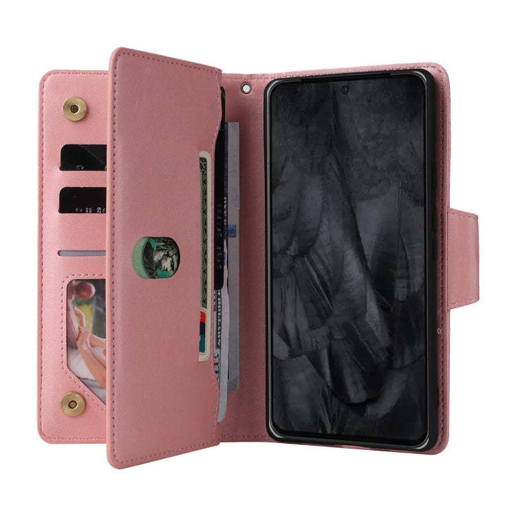 For Google Pixel 8 Pro Rivet Buckle 9 Cards Three Fold Leather Phone Case(Rose Gold)