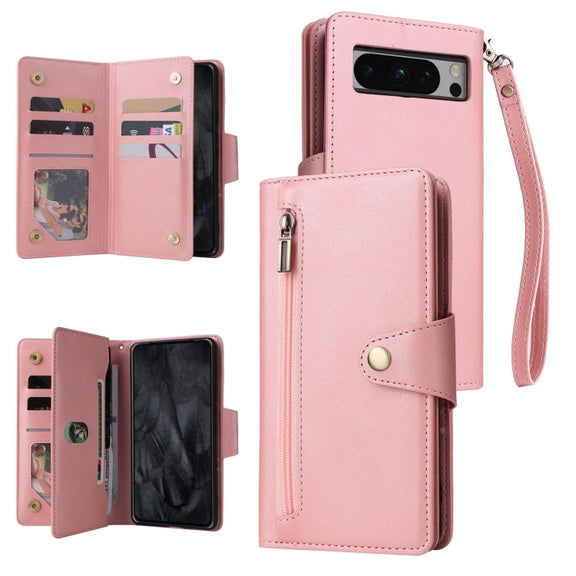 For Google Pixel 8 Pro Rivet Buckle 9 Cards Three Fold Leather Phone Case(Rose Gold)