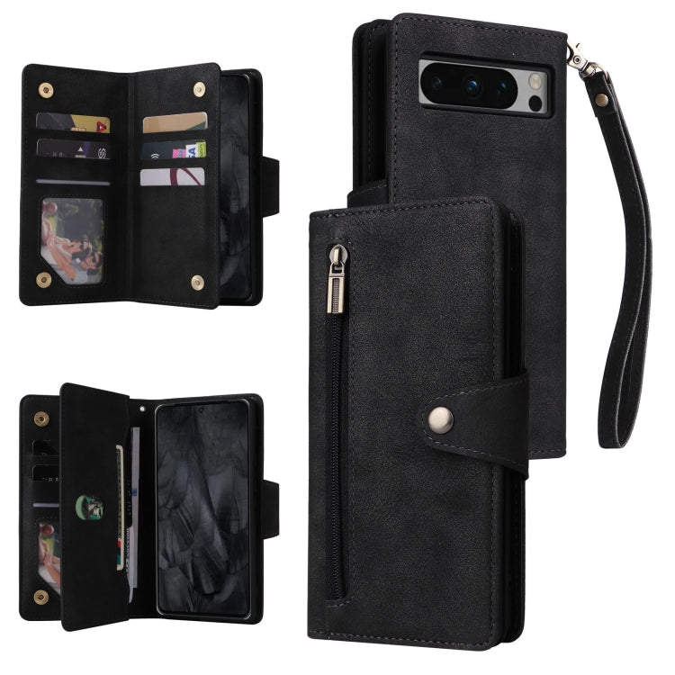 For Google Pixel 8 Pro Rivet Buckle 9 Cards Three Fold Leather Phone Case(Black)