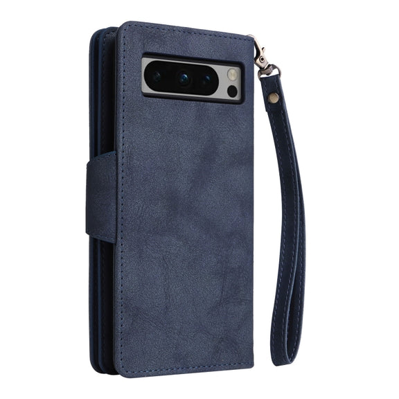 For Google Pixel 8 Pro Rivet Buckle 9 Cards Three Fold Leather Phone Case(Blue)