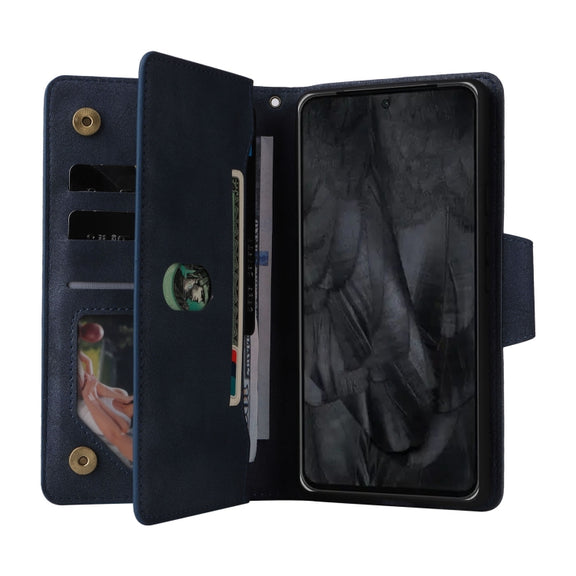 For Google Pixel 8 Pro Rivet Buckle 9 Cards Three Fold Leather Phone Case(Blue)