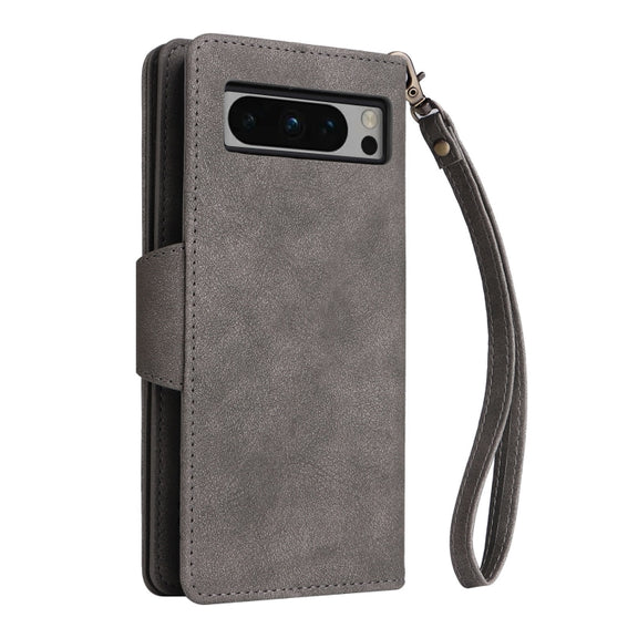 For Google Pixel 8 Pro Rivet Buckle 9 Cards Three Fold Leather Phone Case(Grey)