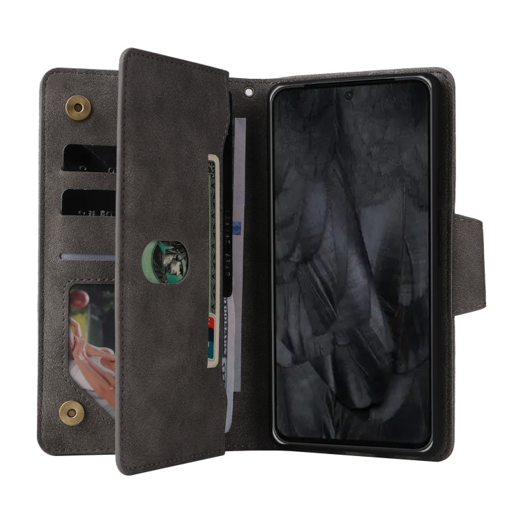For Google Pixel 8 Pro Rivet Buckle 9 Cards Three Fold Leather Phone Case(Grey)