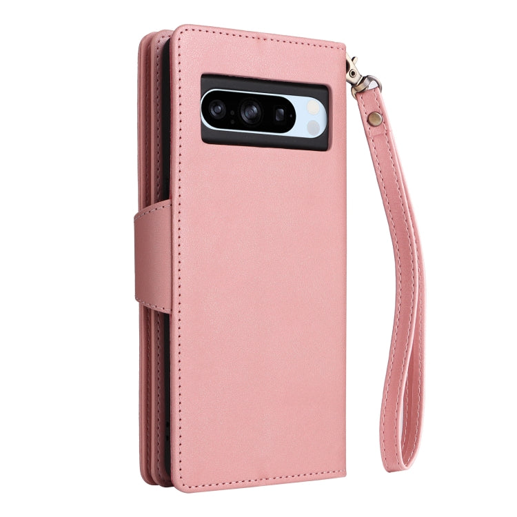 For Google Pixel 8a Rivet Buckle 9 Cards Three Fold Leather Phone Case(Rose Gold)