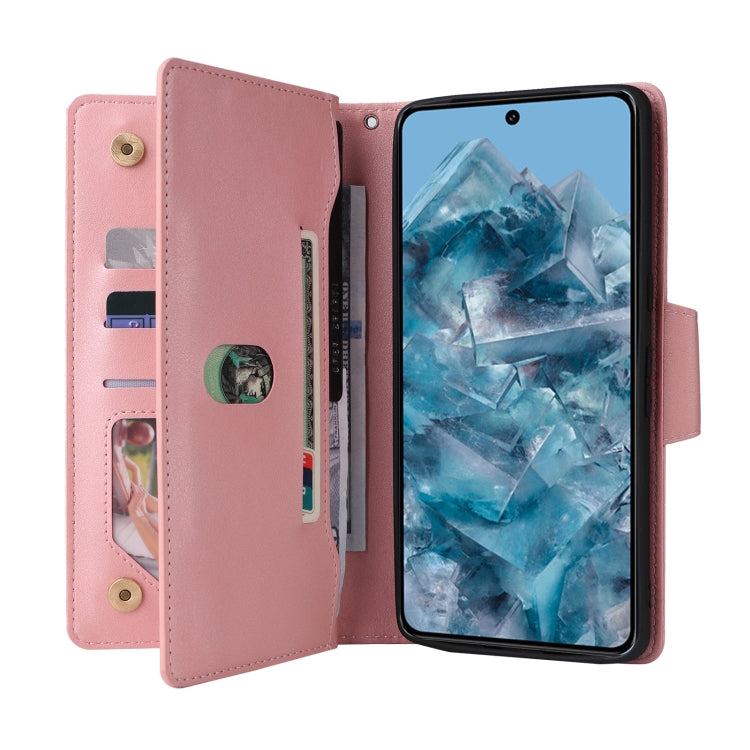 For Google Pixel 8a Rivet Buckle 9 Cards Three Fold Leather Phone Case(Rose Gold)