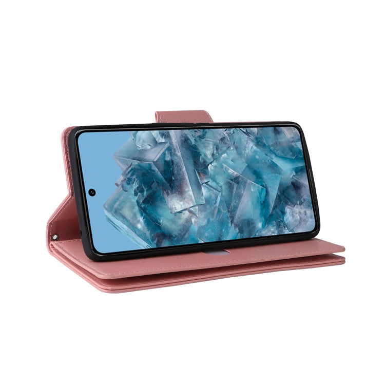 For Google Pixel 8a Rivet Buckle 9 Cards Three Fold Leather Phone Case(Rose Gold)