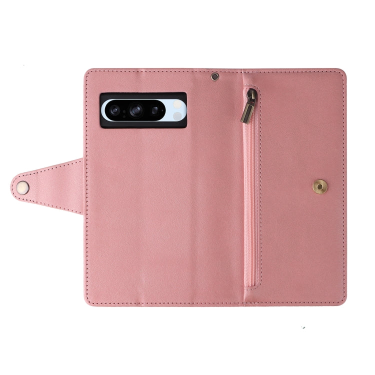 For Google Pixel 8a Rivet Buckle 9 Cards Three Fold Leather Phone Case(Rose Gold)