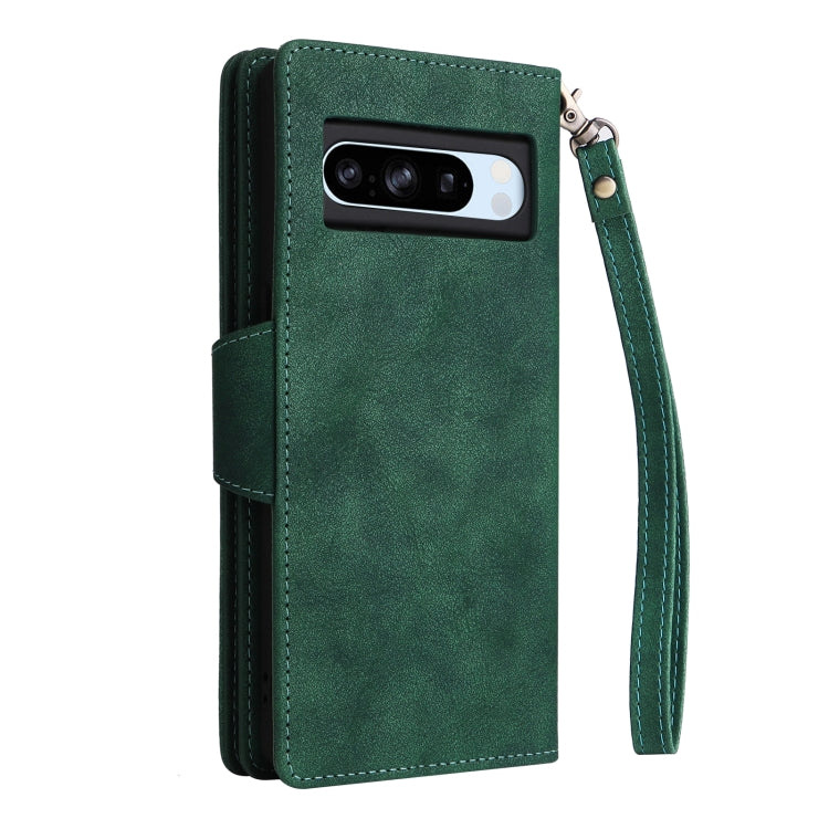 For Google Pixel 8a Rivet Buckle 9 Cards Three Fold Leather Phone Case(Green)
