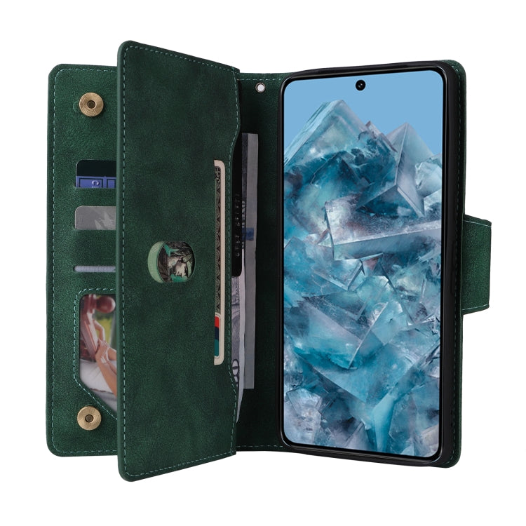 For Google Pixel 8a Rivet Buckle 9 Cards Three Fold Leather Phone Case(Green)