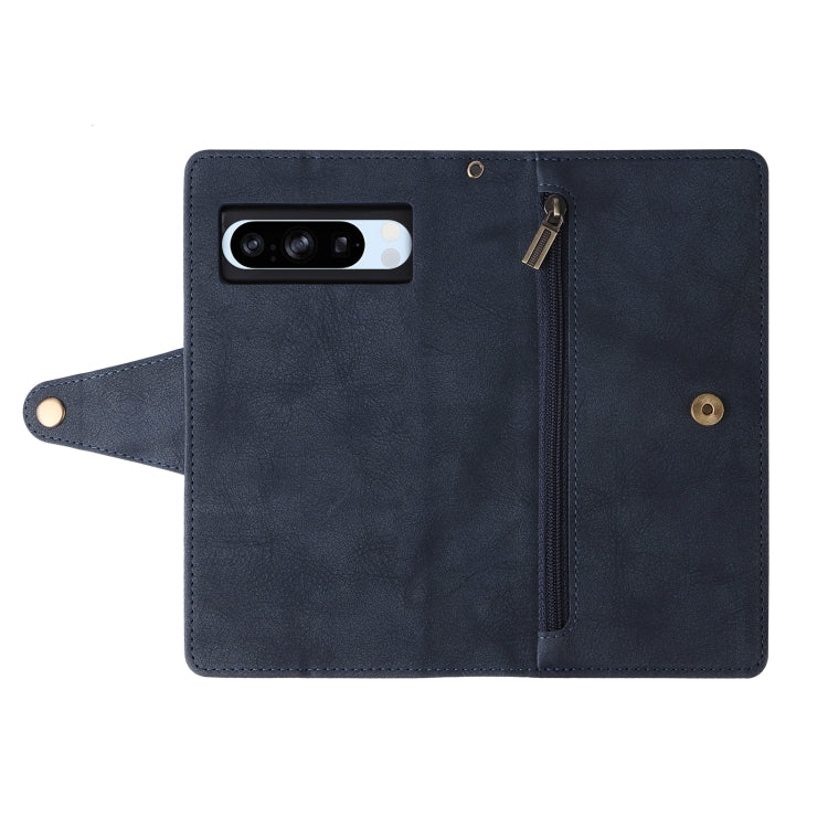 For Google Pixel 8a Rivet Buckle 9 Cards Three Fold Leather Phone Case(Blue)