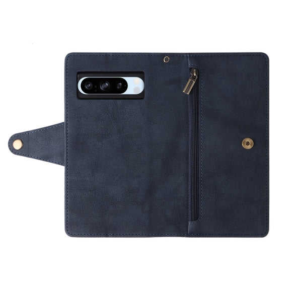 For Google Pixel 8a Rivet Buckle 9 Cards Three Fold Leather Phone Case(Blue)
