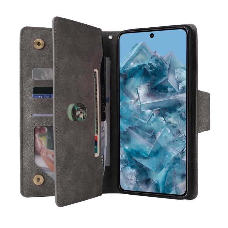 For Google Pixel 8a Rivet Buckle 9 Cards Three Fold Leather Phone Case(Grey)