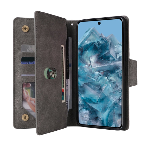 For Google Pixel 8a Rivet Buckle 9 Cards Three Fold Leather Phone Case(Grey)