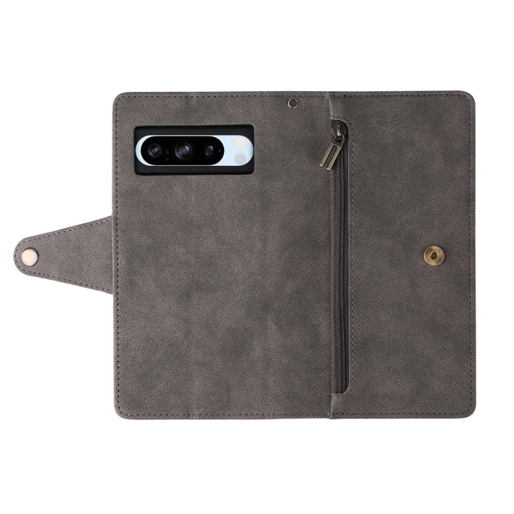 For Google Pixel 8a Rivet Buckle 9 Cards Three Fold Leather Phone Case(Grey)