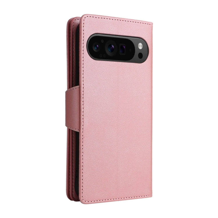 For Google Pixel 9 Pro Rivet Buckle 9 Cards Three Fold Leather Phone Case(Rose Gold)