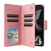 For Google Pixel 9 Pro Rivet Buckle 9 Cards Three Fold Leather Phone Case(Rose Gold)