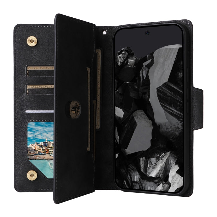 For Google Pixel 9 Pro Rivet Buckle 9 Cards Three Fold Leather Phone Case(Black)