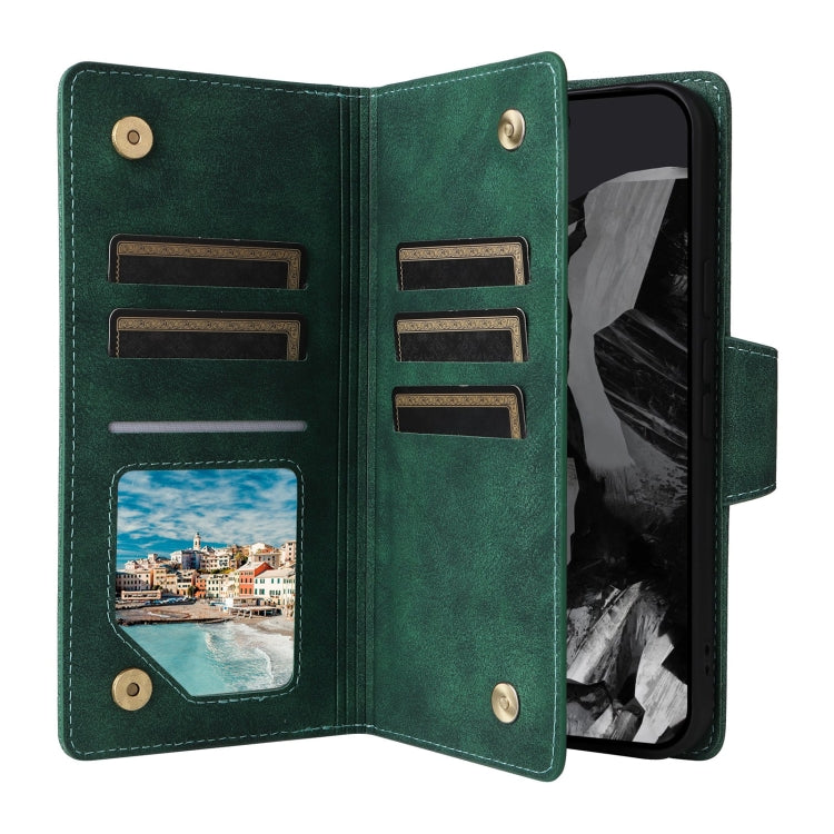 For Google Pixel 9 Pro Rivet Buckle 9 Cards Three Fold Leather Phone Case(Green)